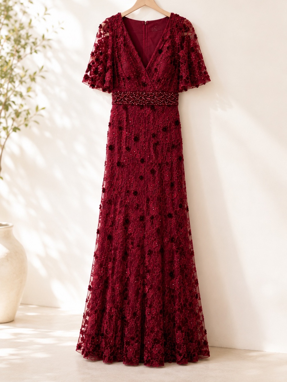 Mac Duggal 67712 Burgundy Embellished Floral Lace Evening Gown NWT Size 6